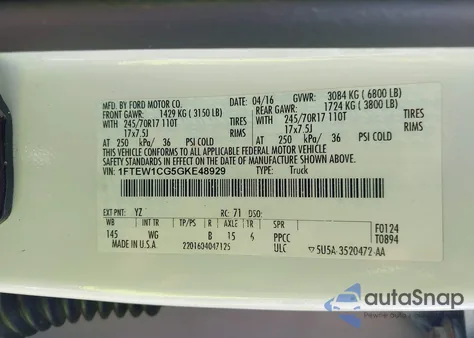 2016 Ford F-150 Xl из США, поврежденный, VIN 1FTEW1CG5GKE48929